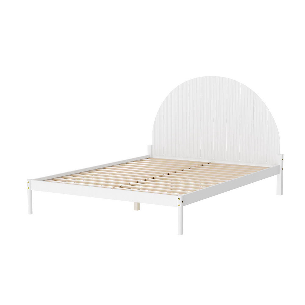 Daly Queen Wooden Bed Frame White with semicircular headboard and wooden slats, modern bedroom furniture by Bedzy