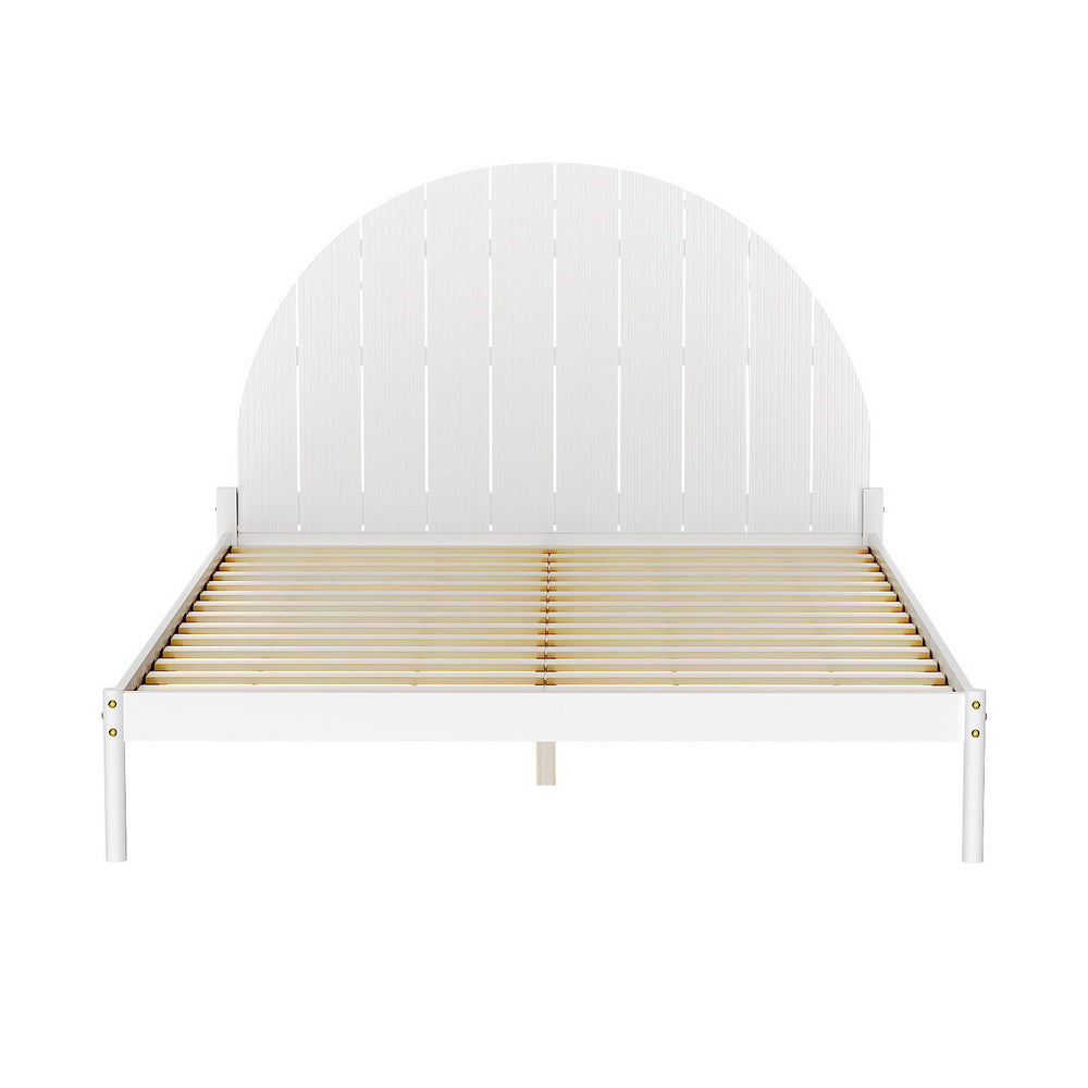 Daly Queen Wooden Bed Frame White with semicircular headboard and wooden slats, modern bedroom furniture by Bedzy