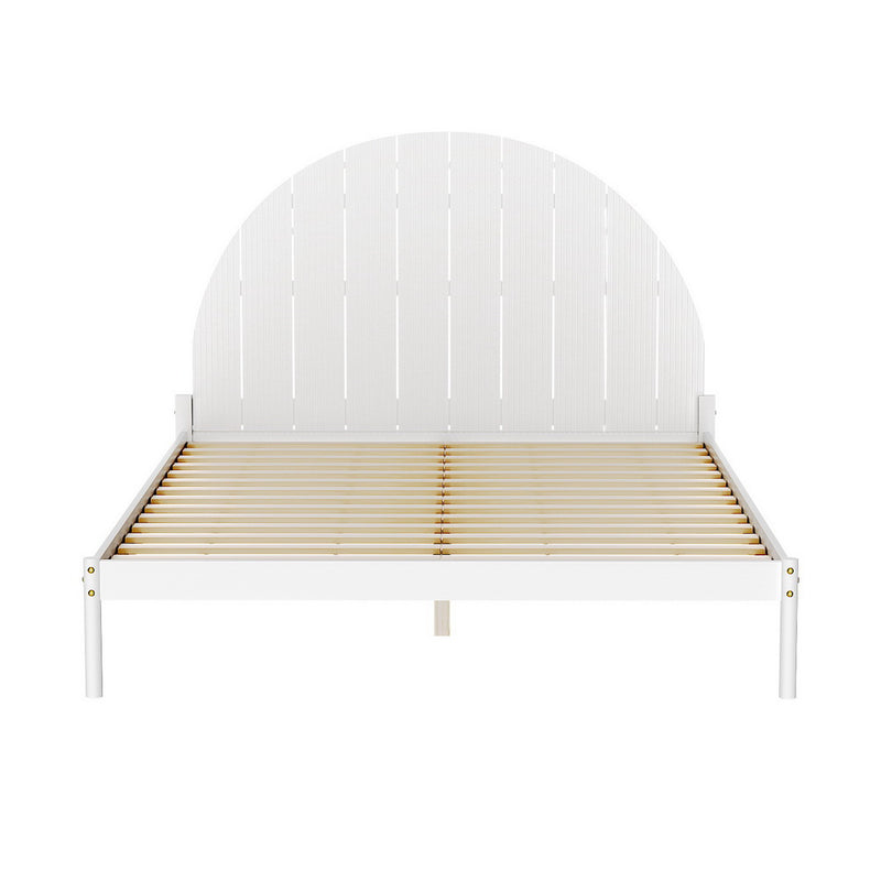Daly Queen Wooden Bed Frame White with semicircular headboard and wooden slats, modern bedroom furniture by Bedzy