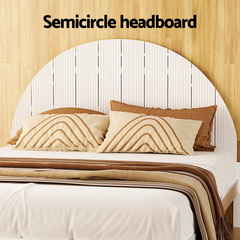 Daly Queen Wooden Bed Frame White with unique semicircle headboard, white finish, and layered neutral bedding in bedroom setting