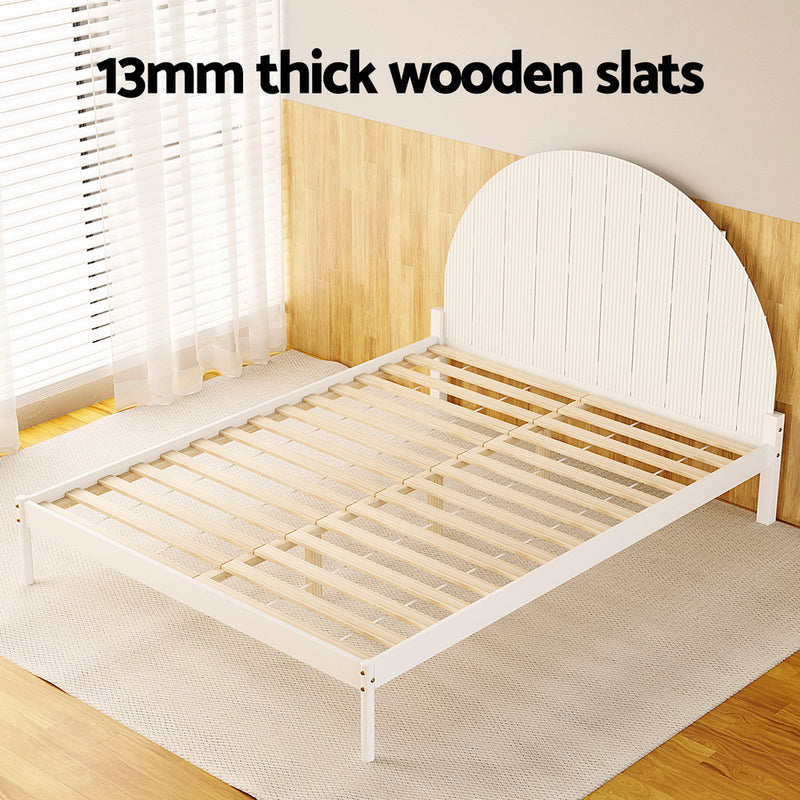 Daly Queen Wooden Bed Frame White with semicircular headboard and 13mm thick wooden slats in bright bedroom setting