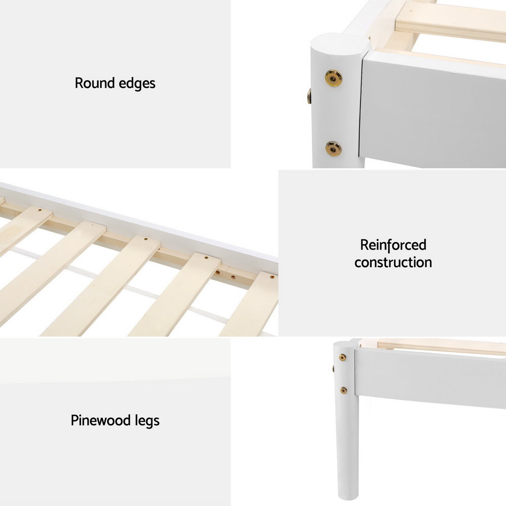 Details of Daly Queen Wooden Bed Frame White showing round edges, pinewood legs, and reinforced construction