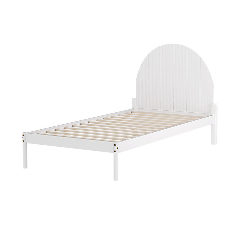 Daly Single Wooden Bed Frame White with semicircular headboard and wooden slats, ideal for bedroom furniture and kids single bed