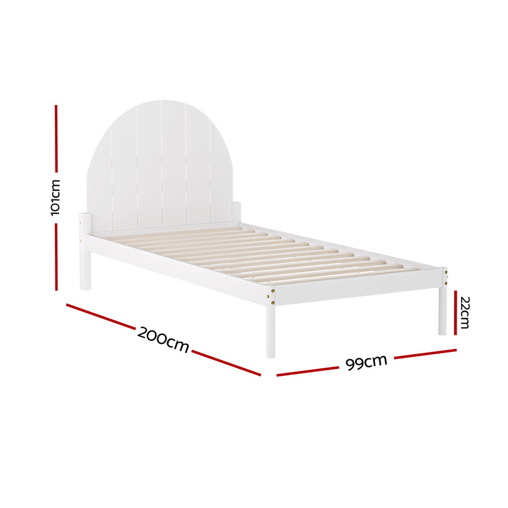Daly Single Wooden Bed Frame White with semicircular headboard and wooden slats for bedroom furniture by Bedzy