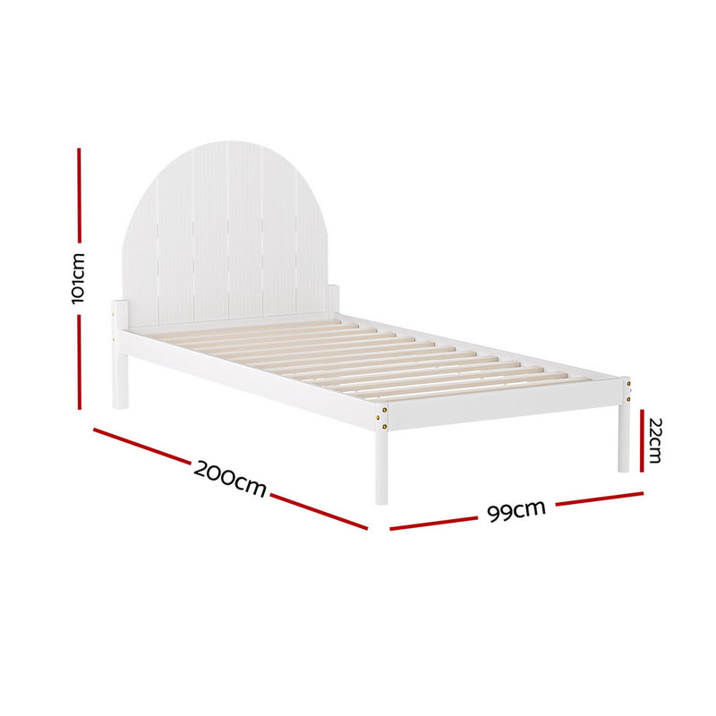 Daly Single Wooden Bed Frame White with semicircular headboard and wooden slats for bedroom furniture by Bedzy