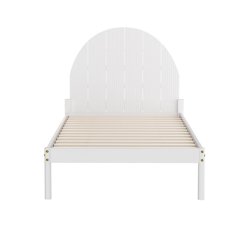 Daly Single Wooden Bed Frame White with unique semicircular headboard and wooden slats, bedroom furniture by Bedzy