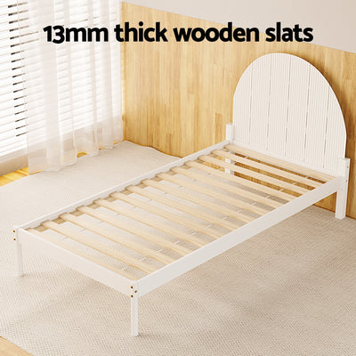 Daly Single Wooden Bed Frame White with semicircular headboard and 13mm thick wooden slats in bright room setting