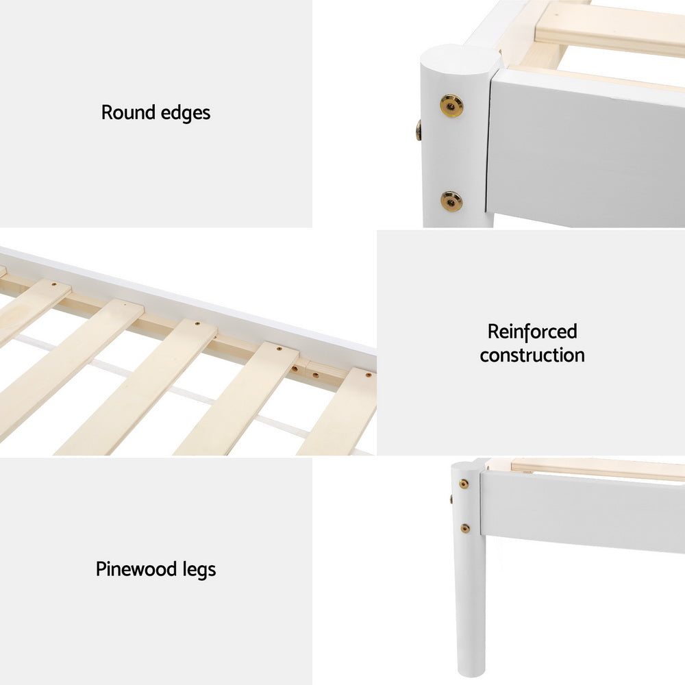 Details of Daly Single Wooden Bed Frame White showing round edges, reinforced construction, and pinewood legs