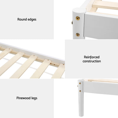 Details of Daly Single Wooden Bed Frame White showing round edges, reinforced construction, and pinewood legs