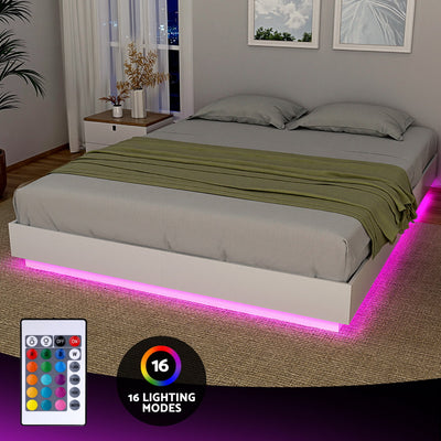 Dayglow Double LED Wooden Bed Frame – Pine with pink under-bed LED lighting, remote control, and modern bedroom setting