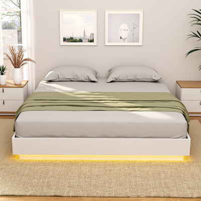 Dayglow Double LED Wooden Bed Frame – Pine with white finish and built-in warm yellow LED lighting under the frame
