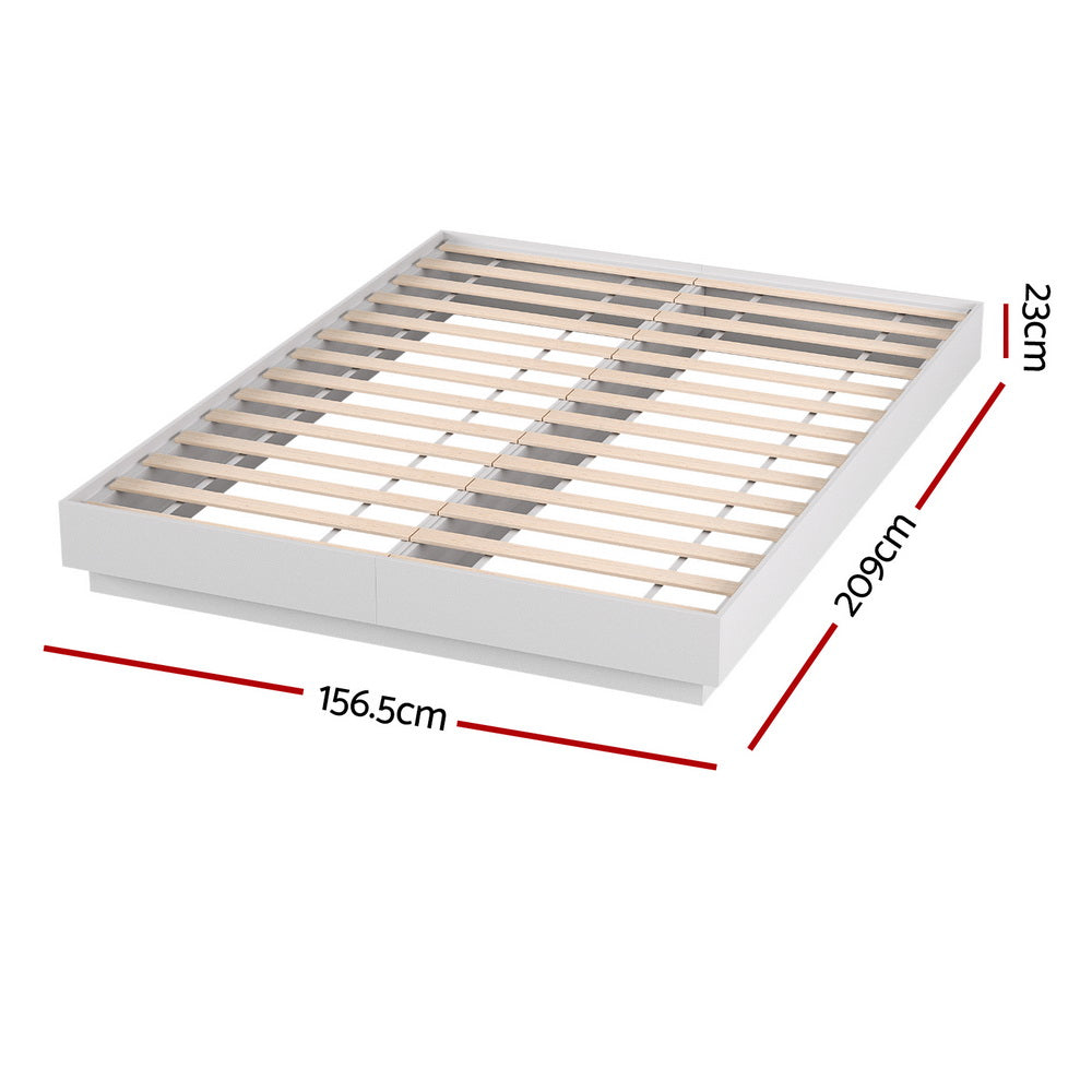 Dayglow Queen LED Wooden Bed Frame – Pine with wooden slats, white frame, LED lighting, and dimensions shown on white background