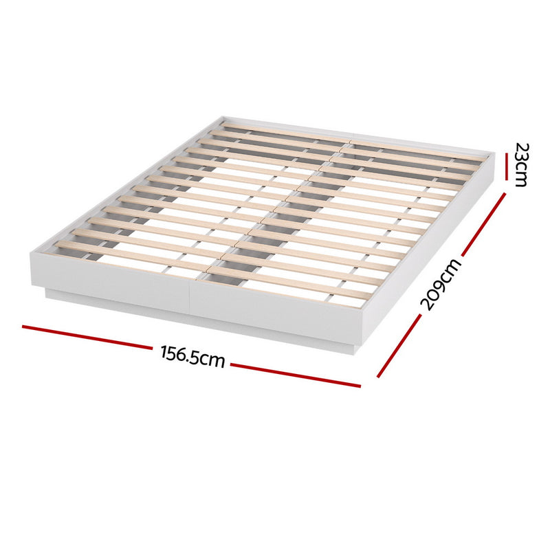 Dayglow Queen LED Wooden Bed Frame – Pine with wooden slats, white frame, LED lighting, and dimensions shown on white background