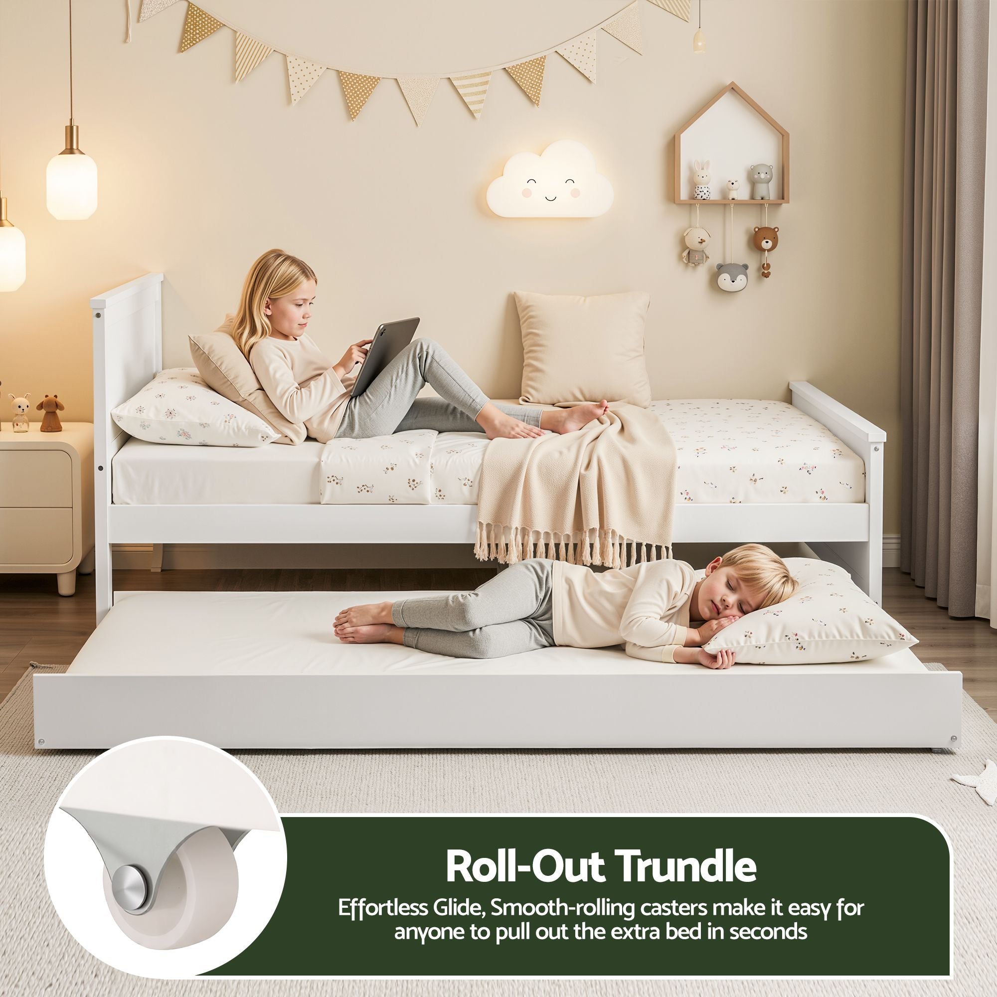 Single Bed Frame with Trundle Solid Pine Wood Toddler Bunk Bed with Headboard - White