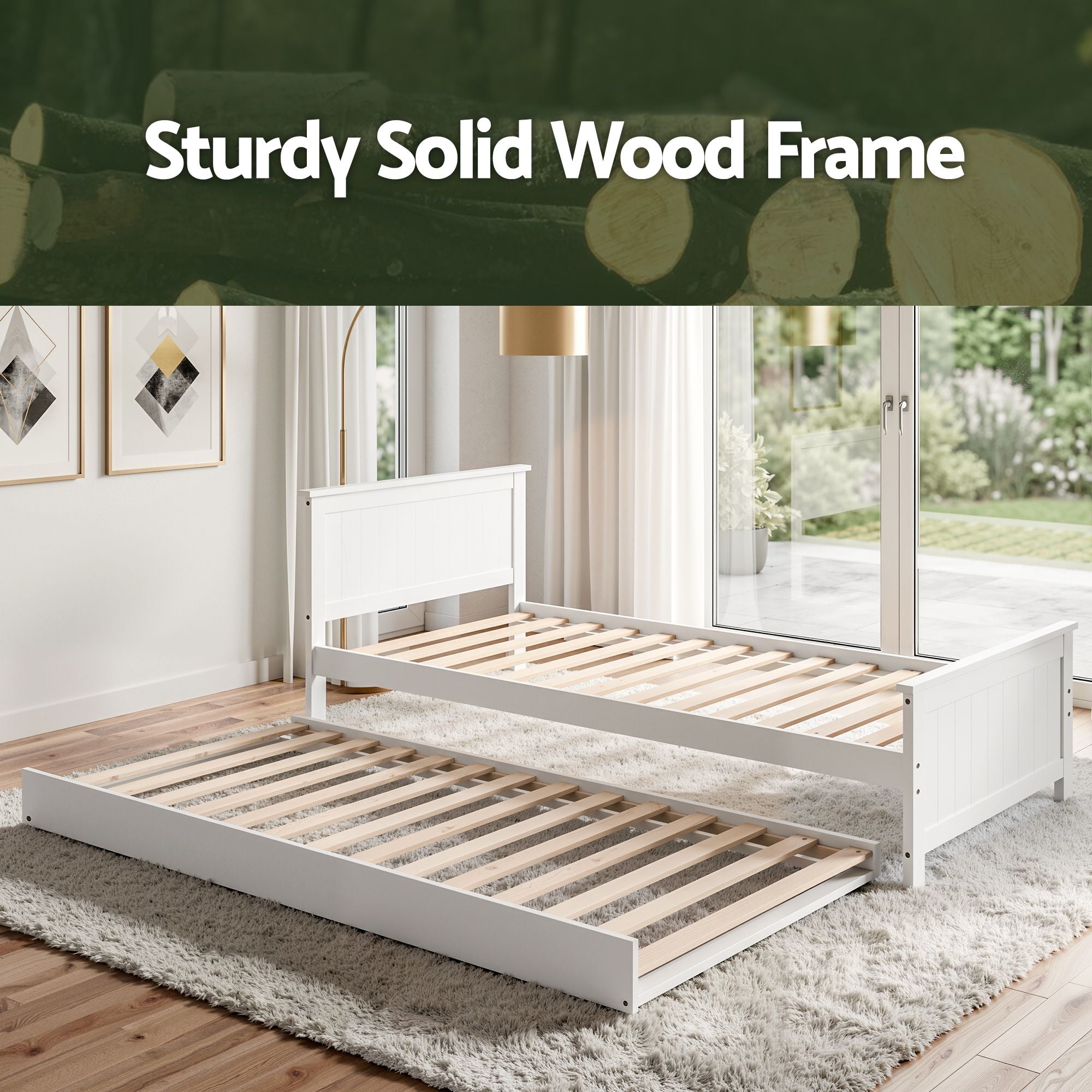 Single Bed Frame with Trundle Solid Pine Wood Toddler Bunk Bed with Headboard - White