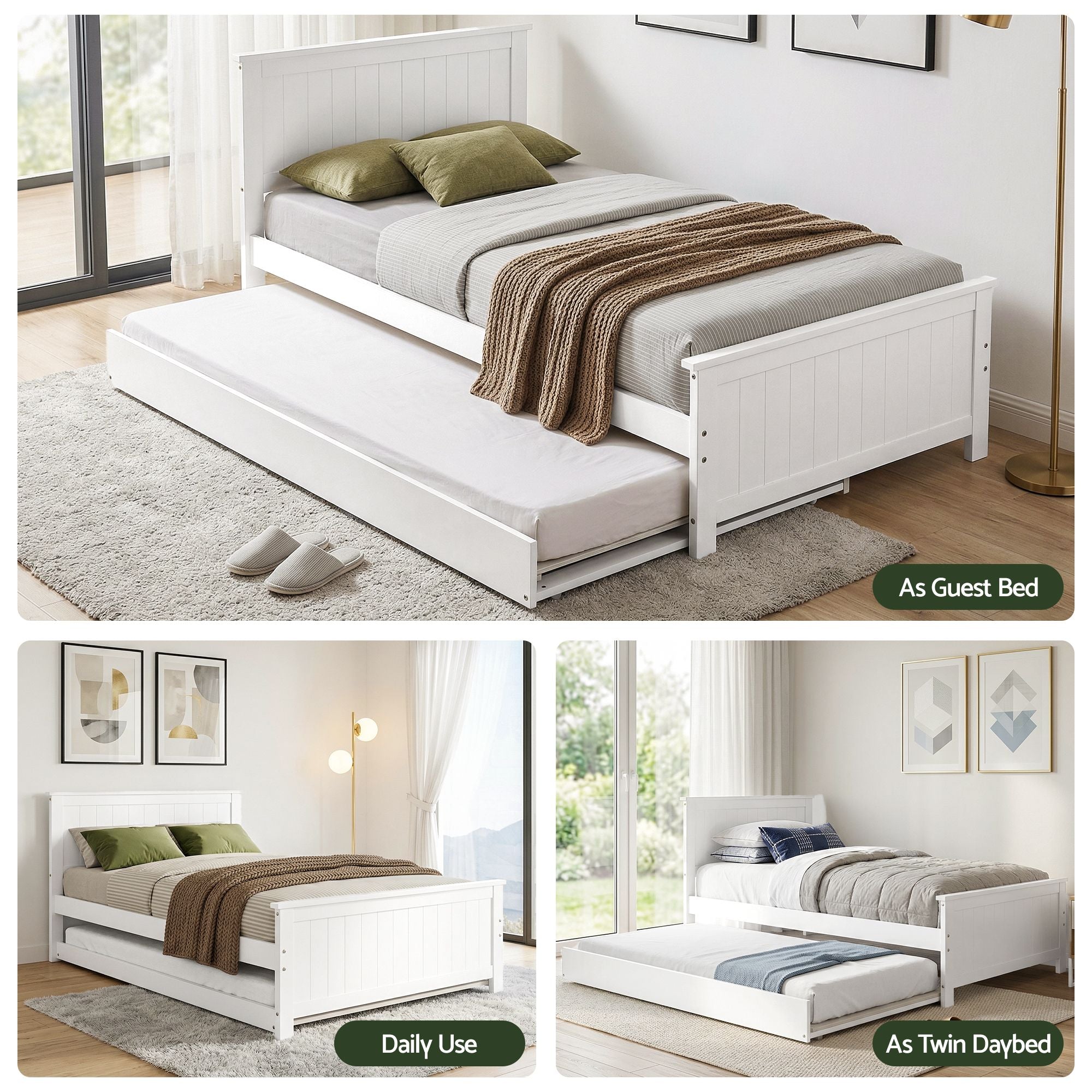 Single Bed Frame with Trundle Solid Pine Wood Toddler Bunk Bed with Headboard - White