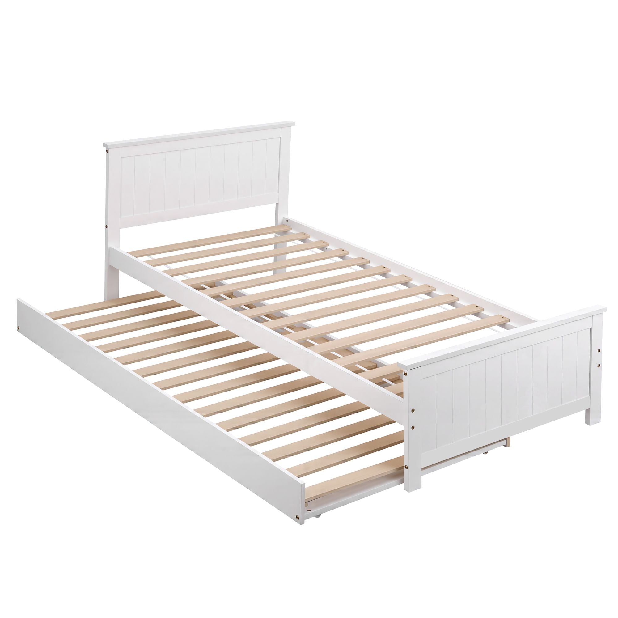 Single Bed Frame with Trundle Solid Pine Wood Toddler Bunk Bed with Headboard - White