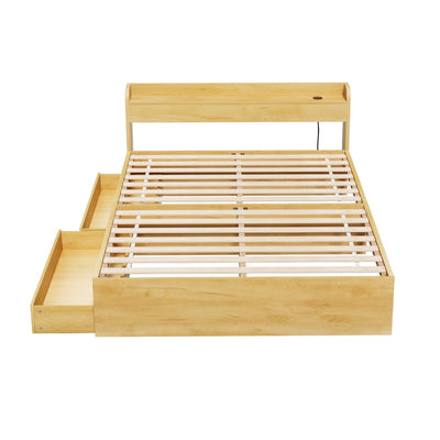 Aura Double Bed Frame With 2 Storage Drawers Wood with slatted base and built-in headboard, shown with drawers open on white background