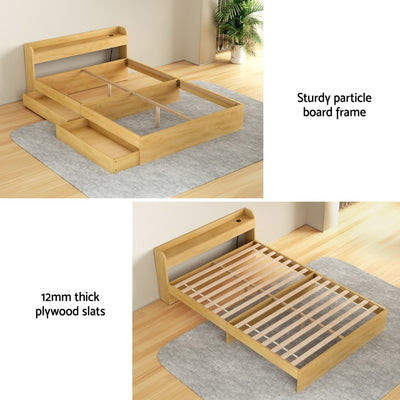 Aura Double Bed Frame With 2 Storage Drawers Wood featuring sturdy particle board frame and 12mm thick plywood slats on gray rug