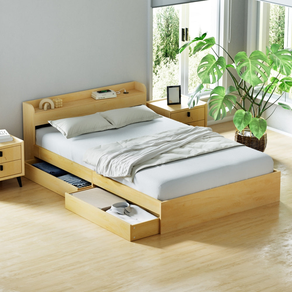 Aura Double Bed Frame With 2 Storage Drawers Wood in a bright bedroom setting with white bedding and natural light