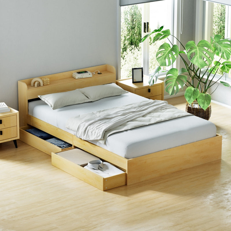 Aura Double Bed Frame With 2 Storage Drawers Wood in a bright bedroom setting with white bedding and natural light