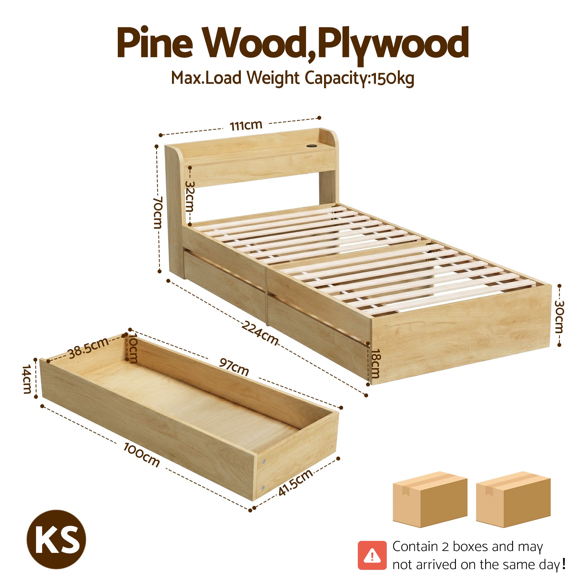 King Single Bed Frame with 2 Drawers Platform Bed with Headboard Bed Base with USB Ports Natural