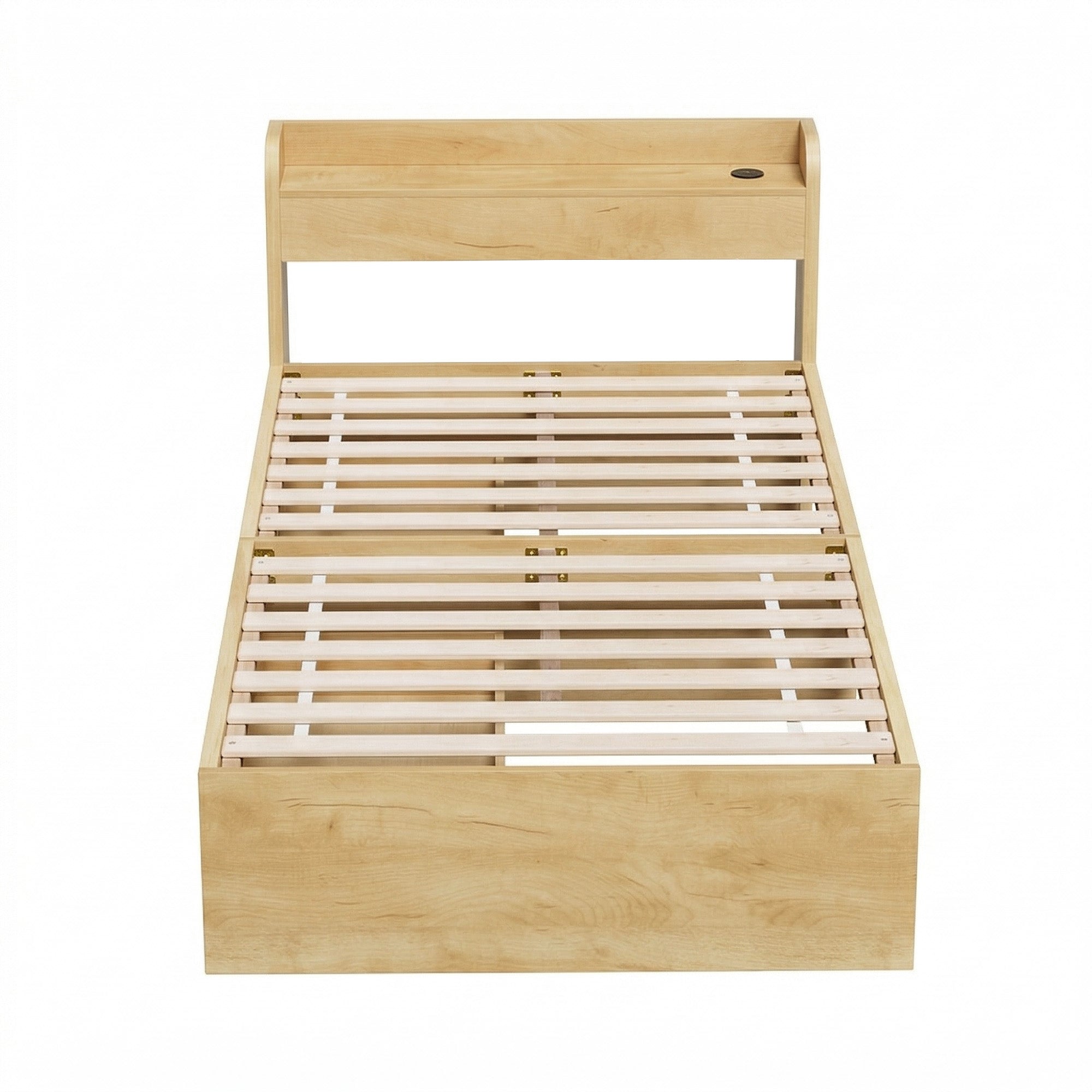 King Single Bed Frame with 2 Drawers Platform Bed with Headboard Bed Base with USB Ports Natural