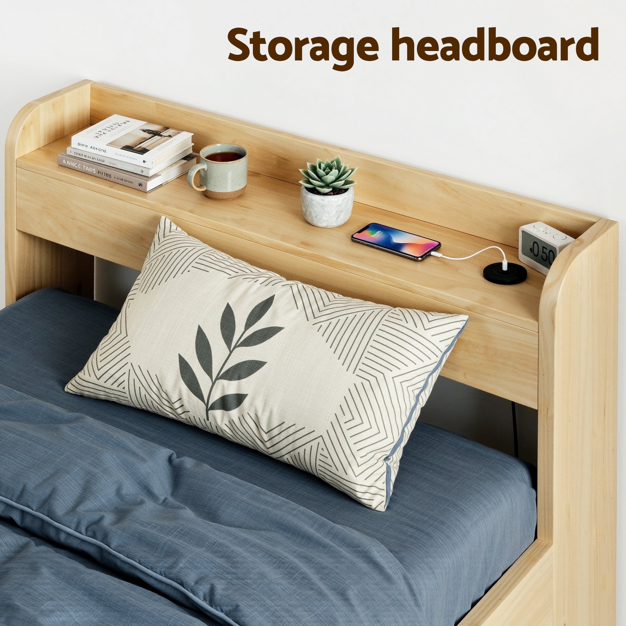 King Single Bed Frame with 2 Drawers Platform Bed with Headboard Bed Base with USB Ports Natural