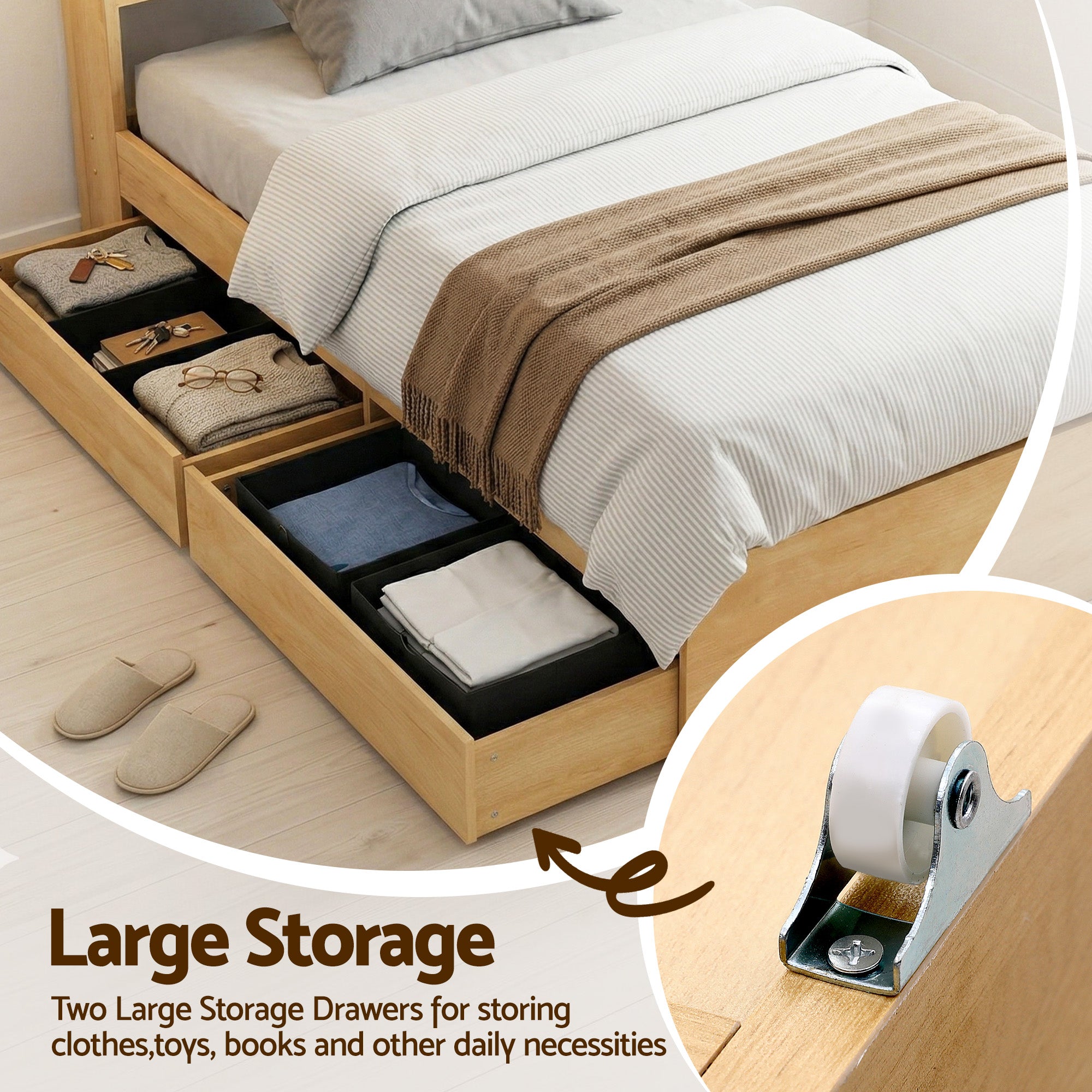King Single Bed Frame with 2 Drawers Platform Bed with Headboard Bed Base with USB Ports Natural