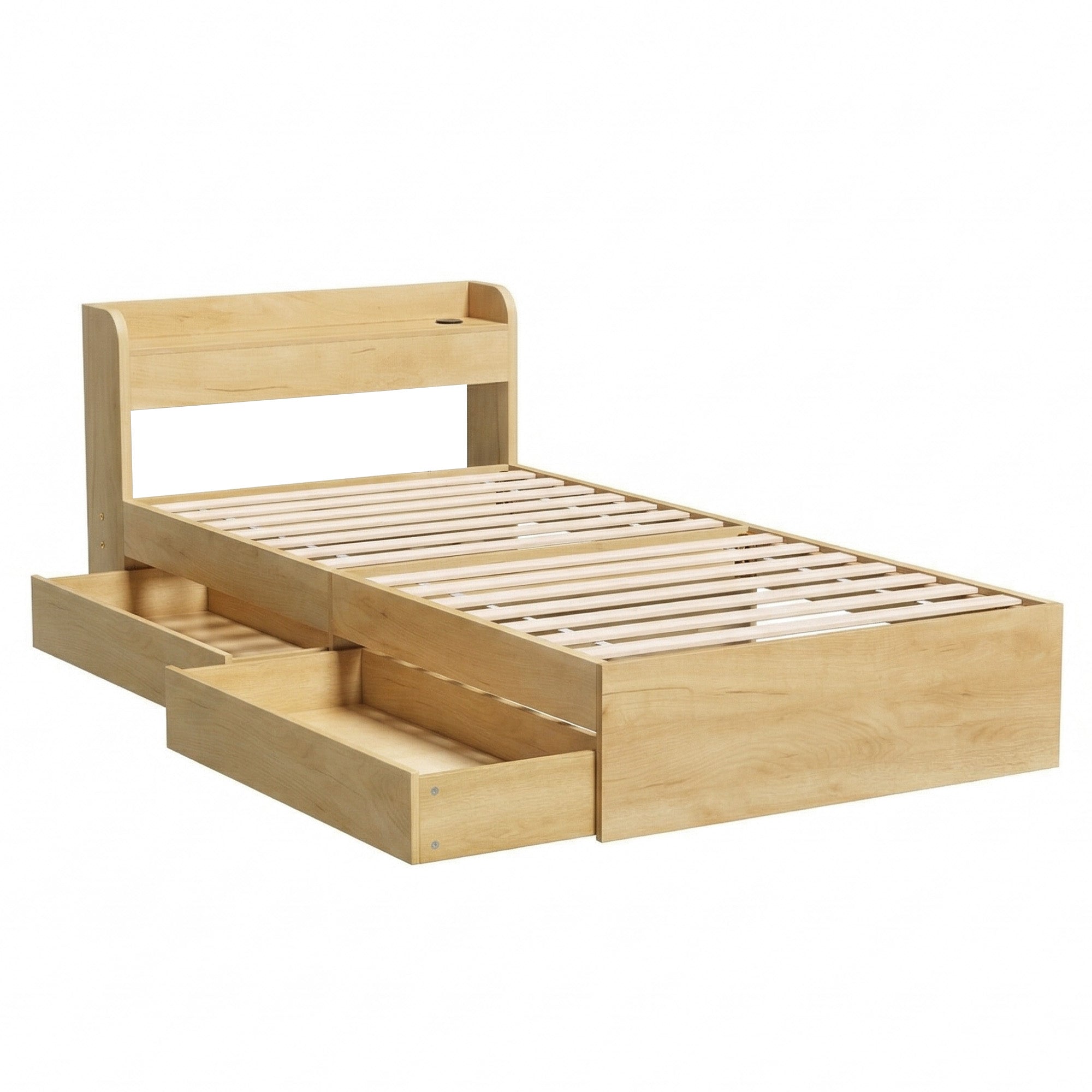 King Single Bed Frame with 2 Drawers Platform Bed with Headboard Bed Base with USB Ports Natural