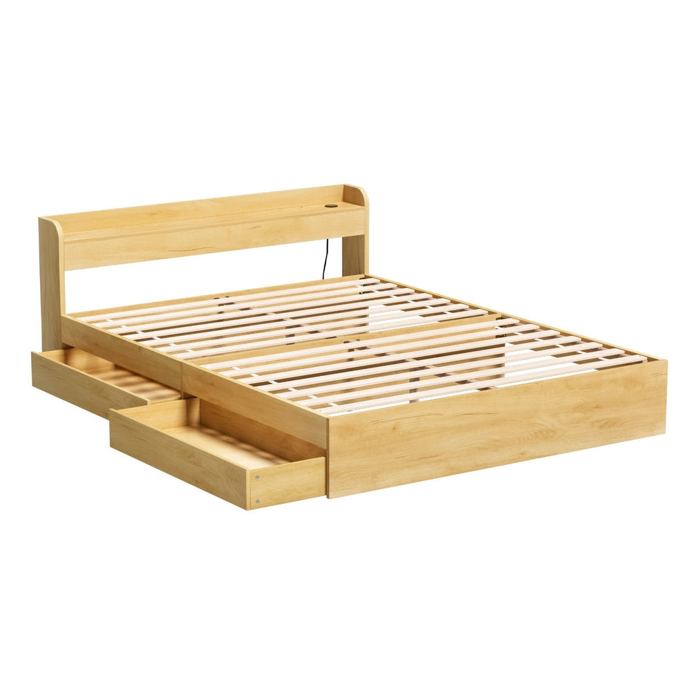 Aura Queen Bed Frame With 2 Storage Drawers Wood featuring plywood slats and built-in storage drawers on white background