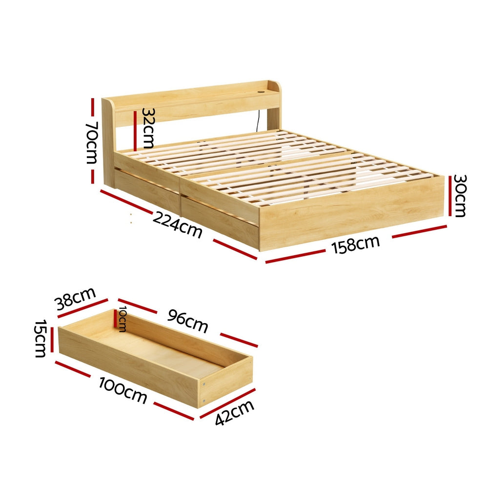 Aura Queen Bed Frame With 2 Storage Drawers Wood with particleboard construction and detailed measurements shown on white background