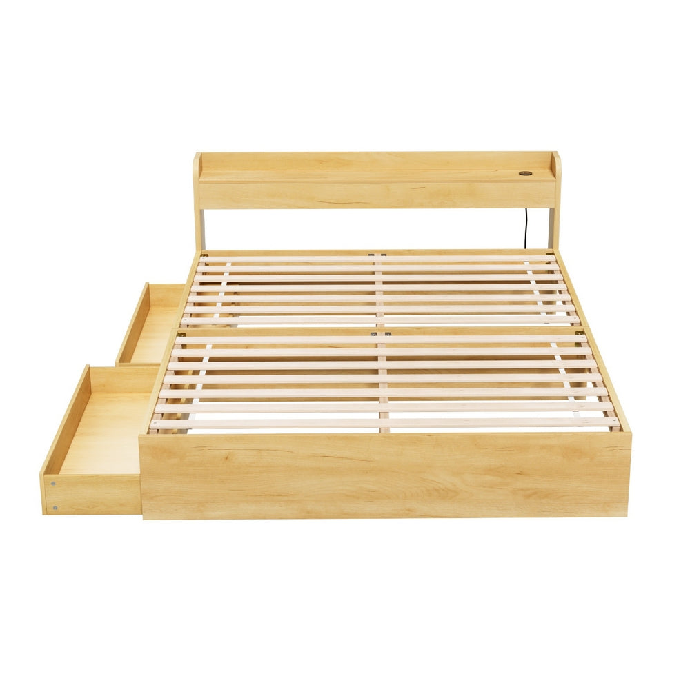 Aura Queen Bed Frame With 2 Storage Drawers Wood featuring plywood slats and light wood finish, shown with drawers extended