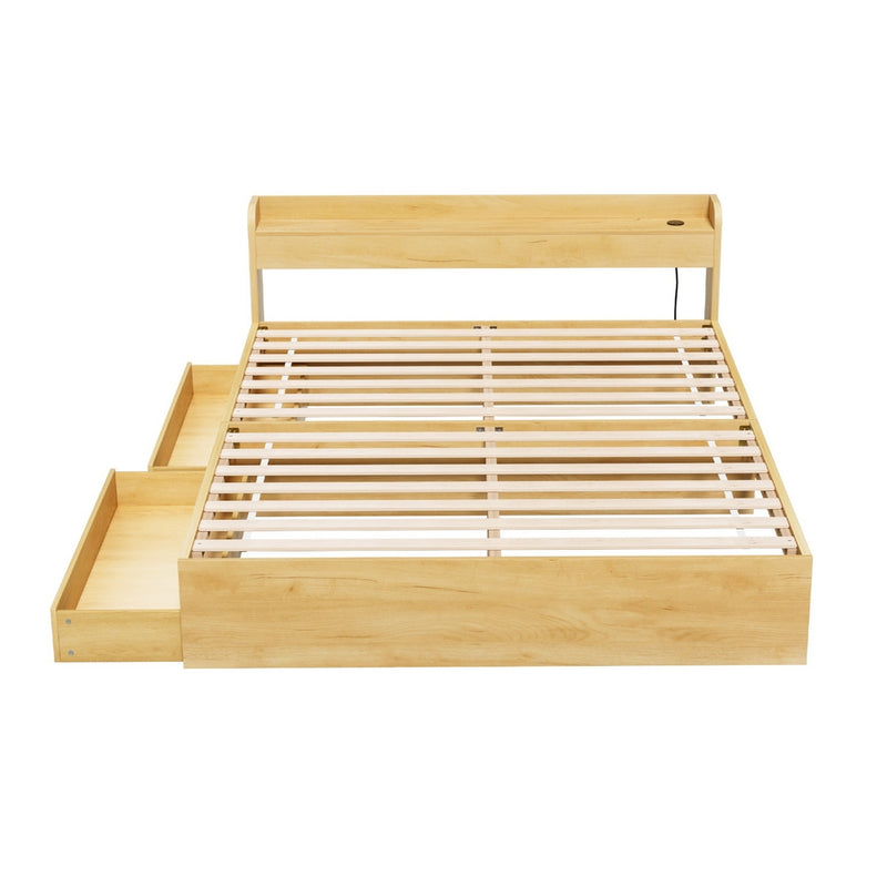 Aura Queen Bed Frame With 2 Storage Drawers Wood featuring plywood slats and light wood finish, shown with drawers extended