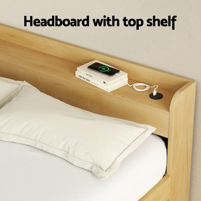 Aura Queen Bed Frame With 2 Storage Drawers Wood featuring a wooden headboard with top shelf and charging port in bedroom furniture style