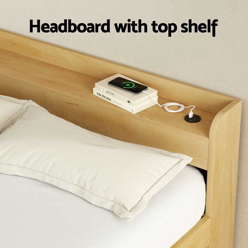 Aura Queen Bed Frame With 2 Storage Drawers Wood featuring a wooden headboard with top shelf and charging port in bedroom furniture style