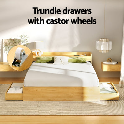 Aura Queen Bed Frame With 2 Storage Drawers Wood featuring trundle drawers with castor wheels in a modern bedroom setting