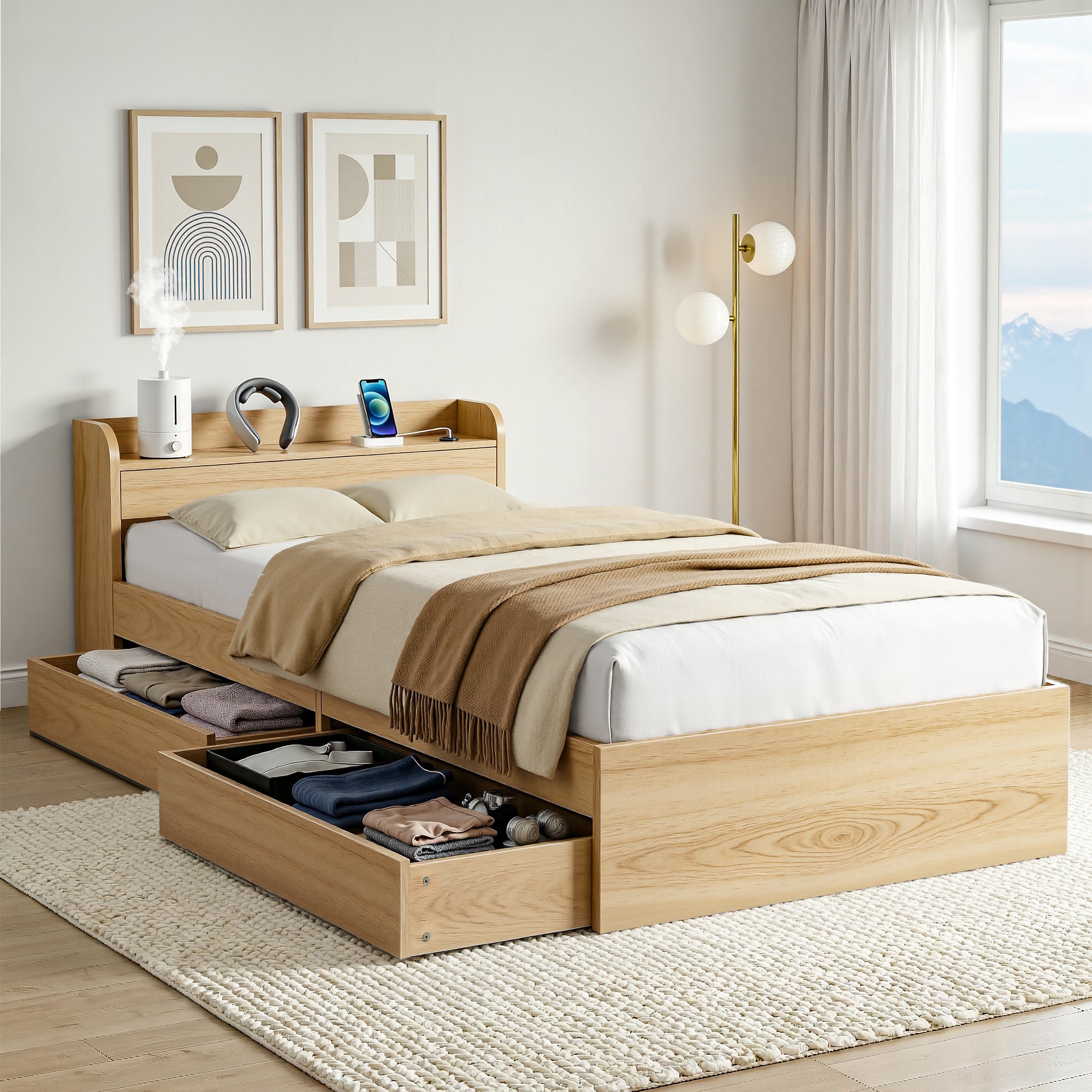 Single Bed Frame with 2 Storage Drawers Platform Bed Base with USB Ports Sturdy Wooden Slat Support Natural