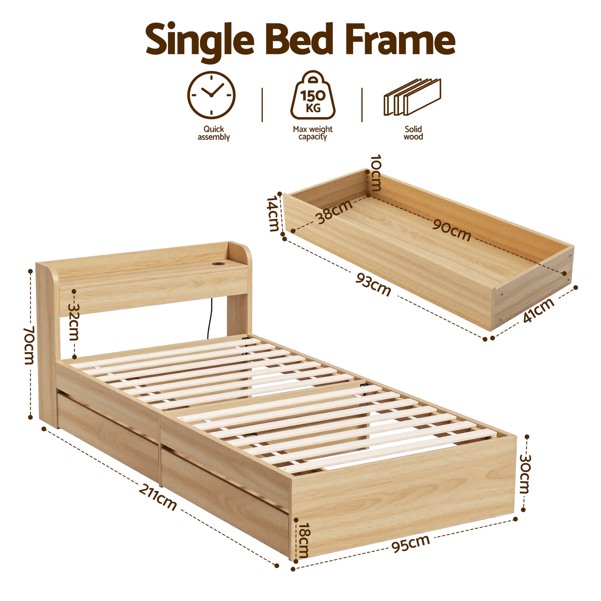 Single Bed Frame with 2 Storage Drawers Platform Bed Base with USB Ports Sturdy Wooden Slat Support Natural