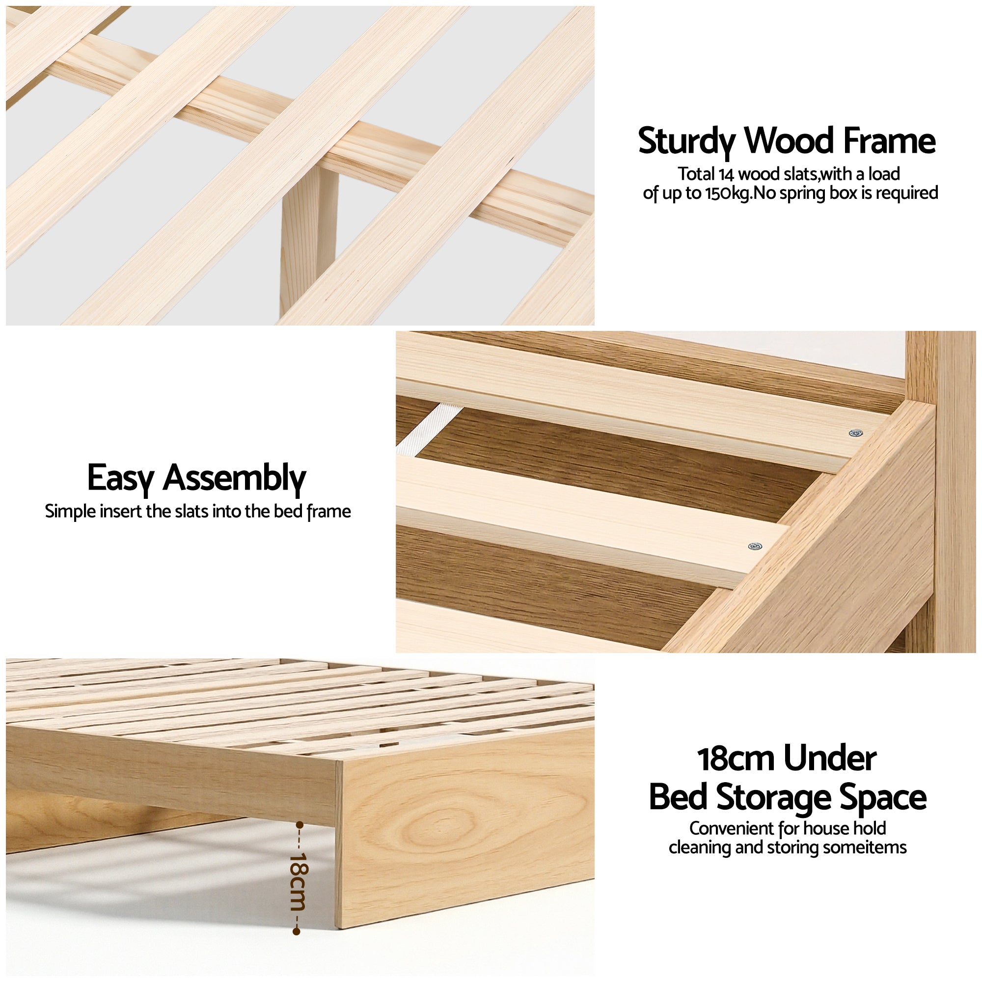 Single Bed Frame with 2 Storage Drawers Platform Bed Base with USB Ports Sturdy Wooden Slat Support Natural