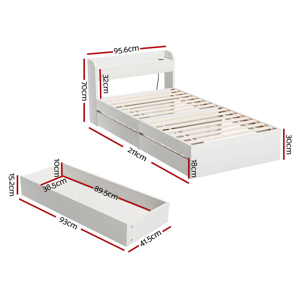 Bed Frame Single Size with Charging Ports and 2 Drawers AURA