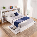 Queen Bed Frame with Storage Bookcase Headboard, USB & Type-C Ports, Drawers - White
