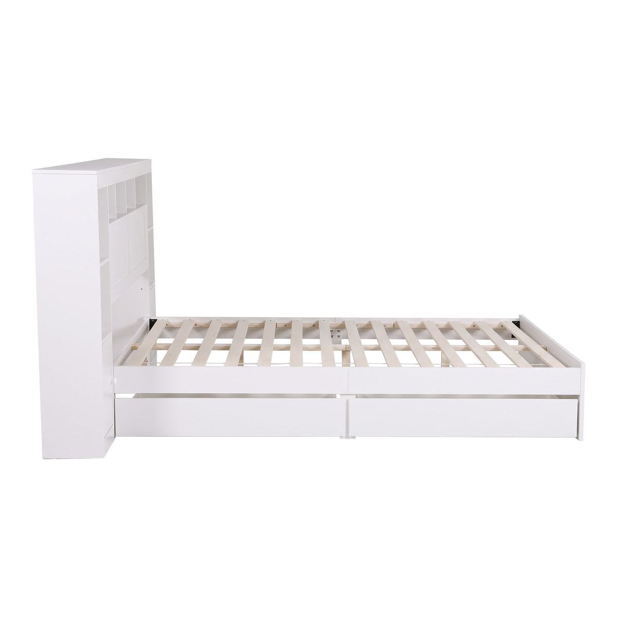 Queen Bed Frame with Storage Bookcase Headboard, USB & Type-C Ports, Drawers - White