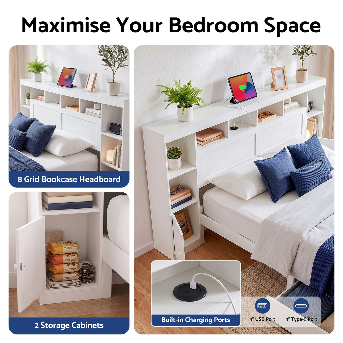 Queen Bed Frame with Storage Bookcase Headboard, USB & Type-C Ports, Drawers - White
