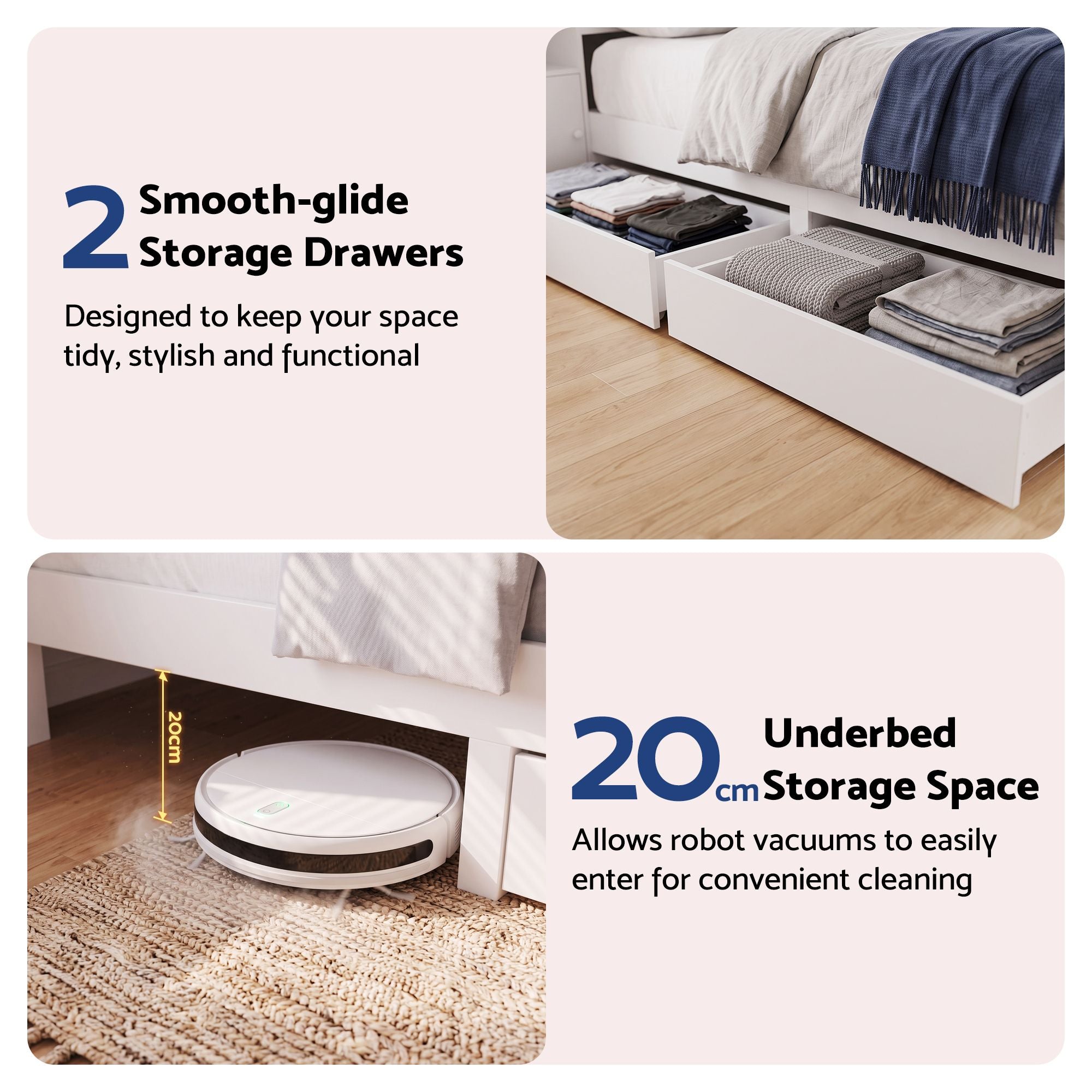 Queen Bed Frame with Storage Bookcase Headboard, USB & Type-C Ports, Drawers - White