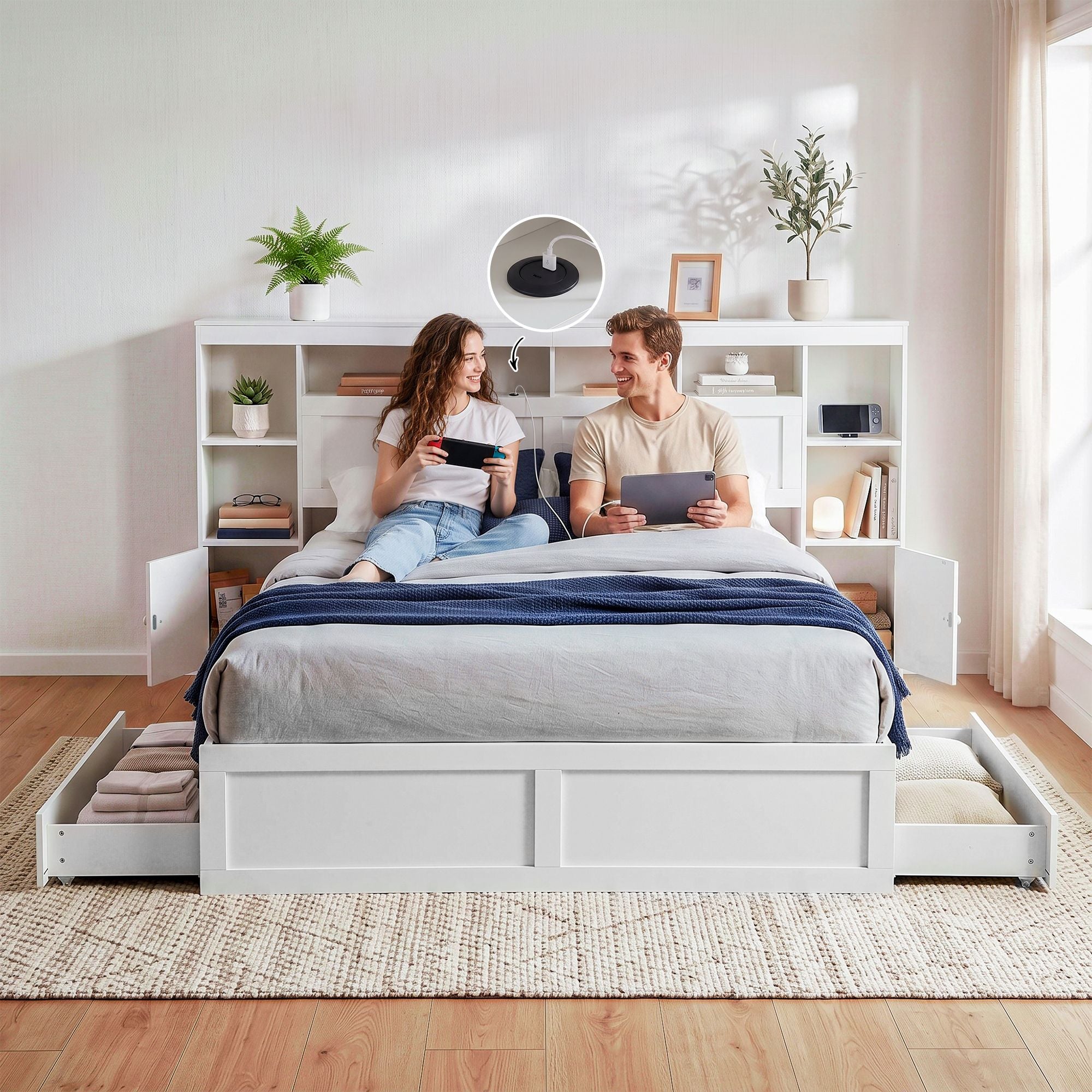 Queen Bed Frame with Storage Bookcase Headboard, USB & Type-C Ports, Drawers - White