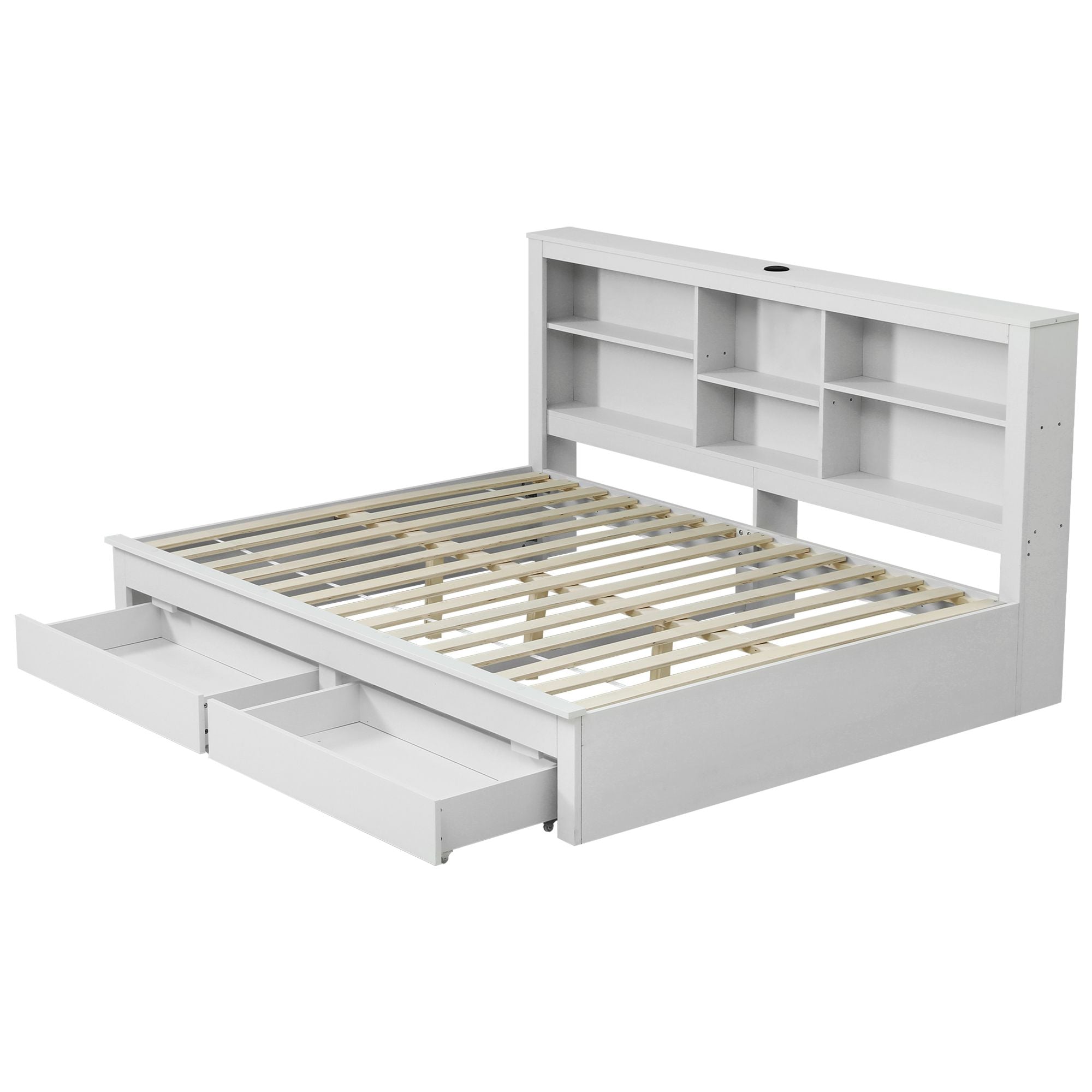 Noise-Free White Farmhouse Solid Wood Double Platform Bed Frame with Storage Headboard, Charging Station and Drawers for Bedroom and Apartment