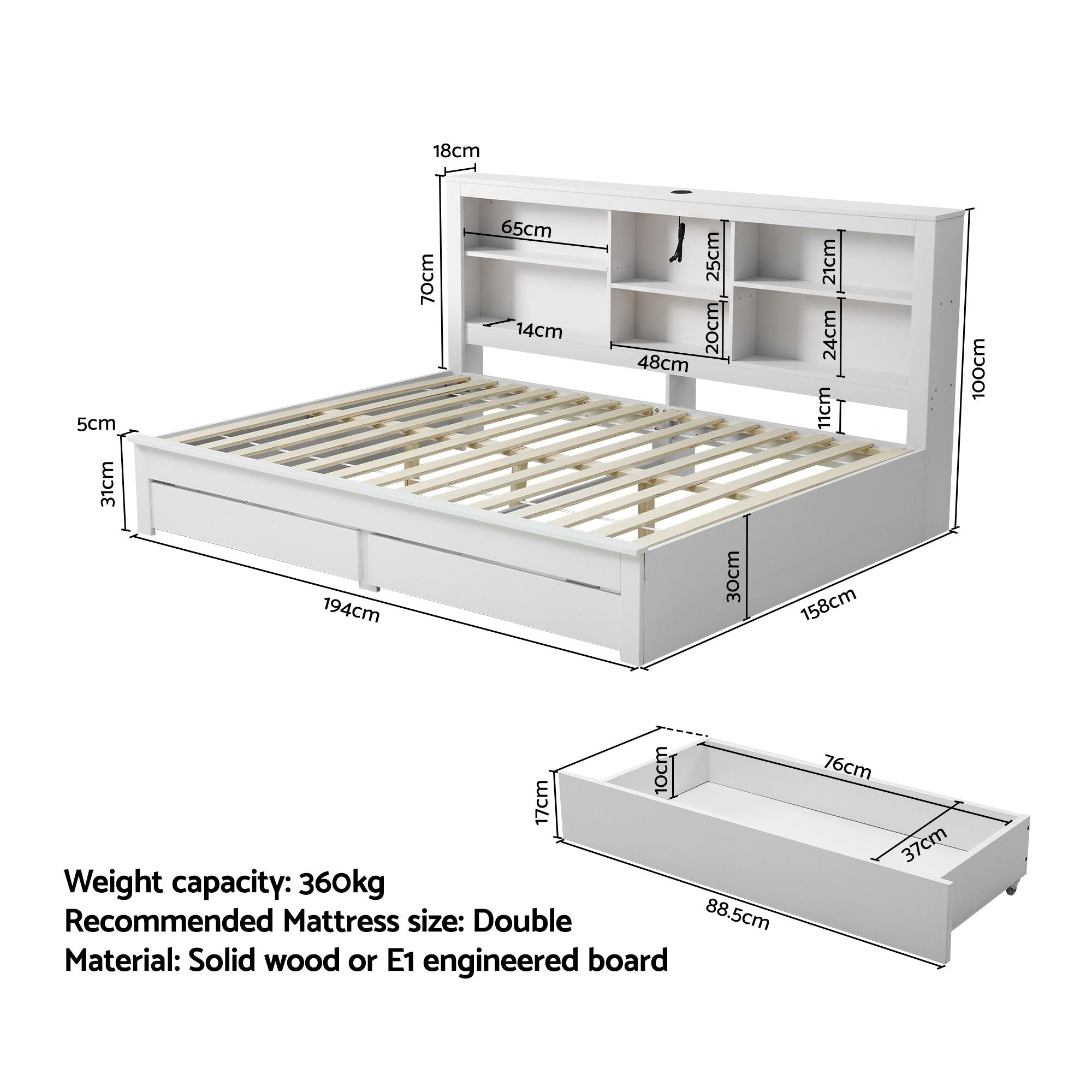 Noise-Free White Farmhouse Solid Wood Double Platform Bed Frame with Storage Headboard, Charging Station and Drawers for Bedroom and Apartment
