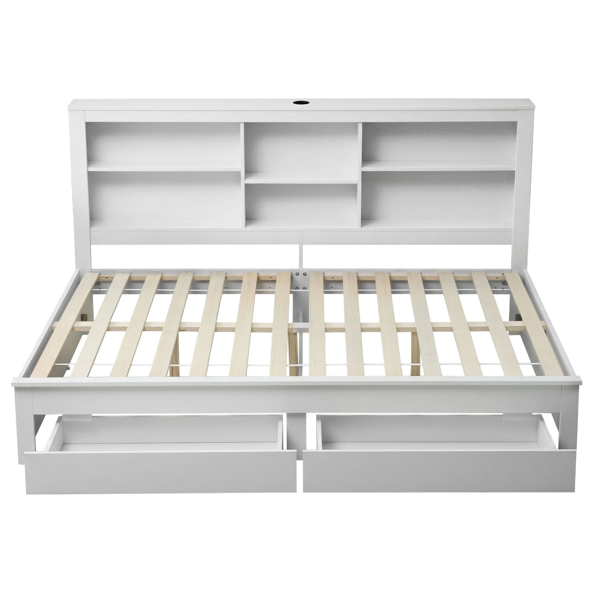 Noise-Free White Farmhouse Solid Wood Double Platform Bed Frame with Storage Headboard, Charging Station and Drawers for Bedroom and Apartment