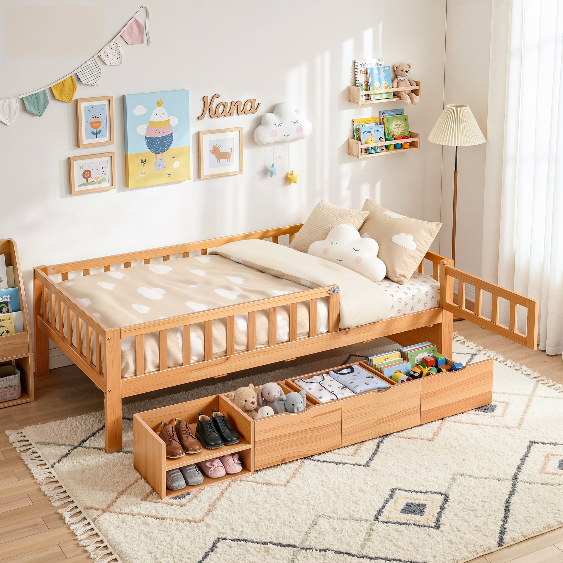 Archer Single Kids Montessori Storage Bed with 3 Drawers – Natural